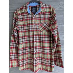 Bogari Mens Medium Plaid Button Down Shirt Red Green Long Sleeve Cotton Blend